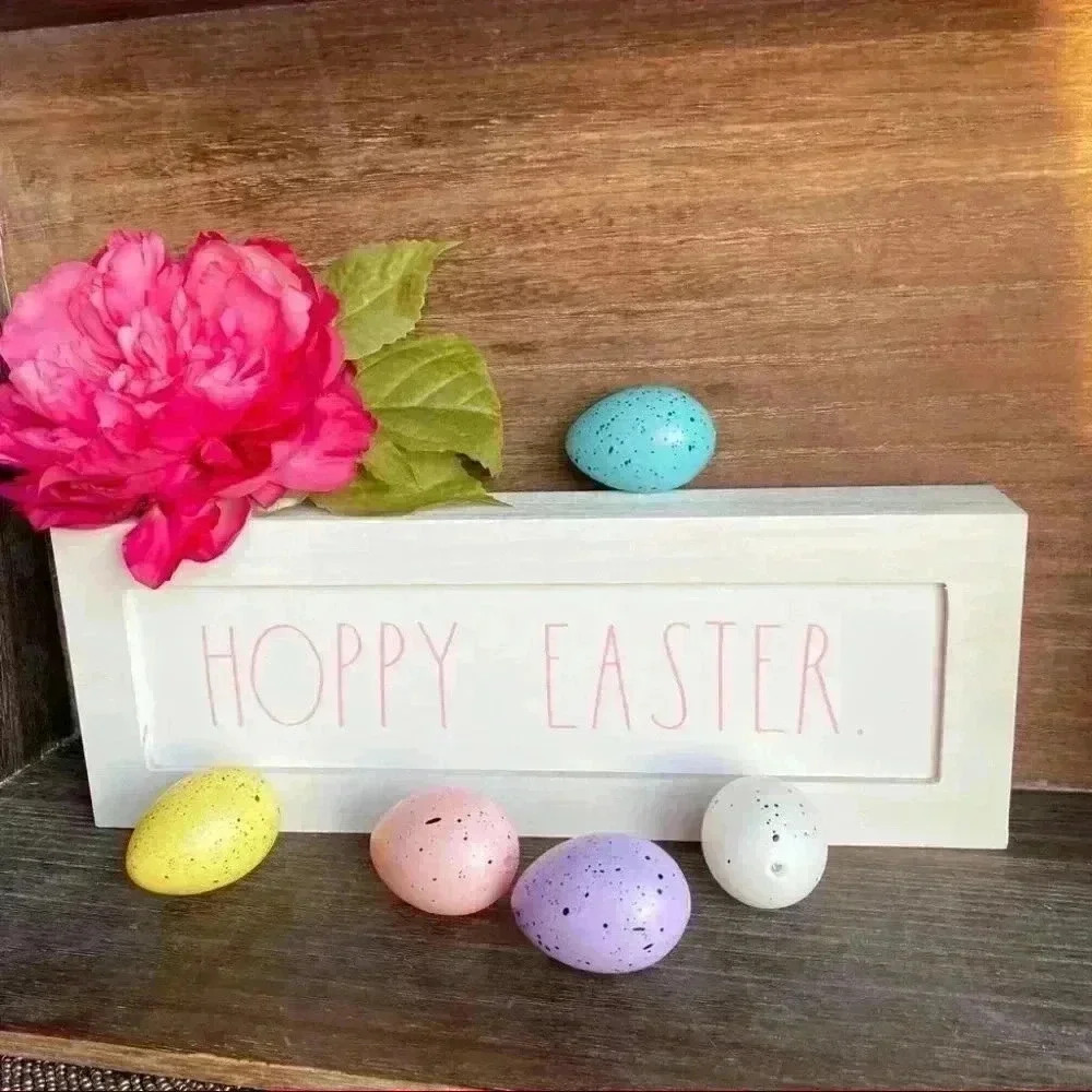 NEW Rae Dunn HOPPY EASTER Cute white wood sign with Pink lettering